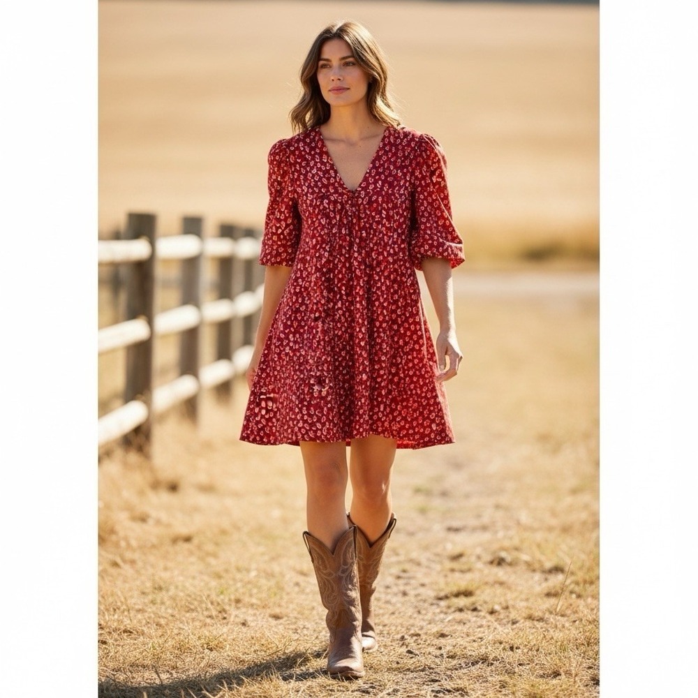 Karlie Red & Pink Animal Print Mini Dress Puff Sleeves Lined Cottagecore Size L